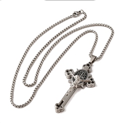 Stainless Steel Color Gothic 201 Stainless Steel Pendants Necklaces, Jesus Cross, Stainless Steel Color, 23.70 inch(60.2cm)