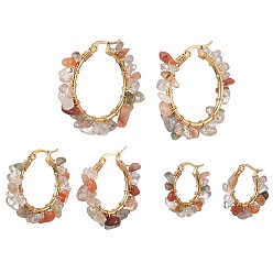 Rutilated Quartz 3 Pairs 3 Size Natural Rutilated Quartz Chips Hoop Earrings, 304 Stainless Steel Wire Wrap Earrings, 23~35x5~8.5mm, 1 Pair/size