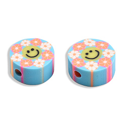 Light Sky Blue Handmade Polymer Clay Beads, Flat Round with Smiling Face & Flower, Light Sky Blue, 8.5~10x4.5mm, Hole: 1.5mm