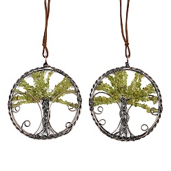 Оливковый Кварц Подвесные украшения из латуни и натурального оливкового кварца, плоский круглый с подвесными украшениями в виде дерева жизни, 390~400 мм