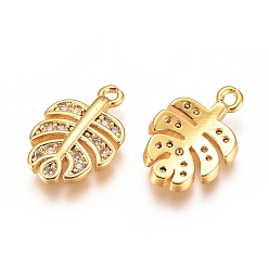 Golden Brass Micro Pave Cubic Zirconia Charms, Tropical Leaf Charms, Monstera Leaf, Clear, Golden, 14x9x2mm, Hole: 1mm