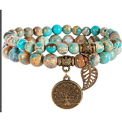 Имперская яшма 2шт. браслеты из круглых бусин из натуральной императорской яшмы, браслеты с подвесками из сплава для женщин, дерево жизни и листья, античная бронза, 7 дюйм (17.8 см)