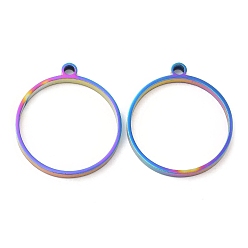 Rainbow Color 304 Stainless Steel Open Back Bezel Flat Round Pendants, For DIY UV Resin, Epoxy Resin, Pressed Flower Jewelry, Rainbow Color, 28x25x3mm, Hole: 2.2mm, Inner Diameter: 22.8mm