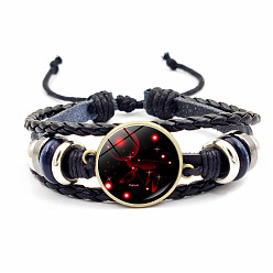 Cancer Leather Triple Layer Multi-strand Bracelets, with Glass Constellation Links, Cancer, 7-1/8 inch(18cm)