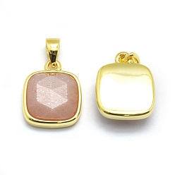 Sunstone Natural Sunstone Pendants, with Golden Tone Brass Findings, Square, Faceted, 13x11x5mm, Hole: 3.5x5.5mm
