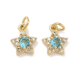 Темно-бирюзовый Латунные микро проложить кубического циркония подвески, звезды прелести, без свинца и без кадмия, стойки покрытие, долговечный, реальный 18 k позолоченный, темные бирюзовый, 9x7.5x3 мм, Перейти кольцо: 4x0.8 мм, внутренний диаметр: 2.5 мм