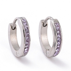 Violet Rhinestone Hinged Hoop Earrings, Stainless Steel Color Plated 304 Stainless Steel Jewelry for Women, Violet, 13x13.5x2.5mm, Pin: 1mm