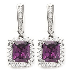Фиолетовый Прямоугольные серьги-кольца с паве из кубического циркония из латуни для женщин, платина, фиолетовые, 34x14 мм