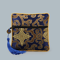 Midnight Blue Chinese Style Square Cloth Zipper Pouches, with Random Color Tassels and Auspicious Clouds Pattern, Midnight Blue, 12~13x12~13cm