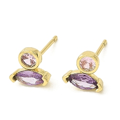 Lavender Real 18K Gold Plated Brass Horse Eye Stud Earrings, with Cubic Zirconia, Long-Lasting Plated, Lead Free & Cadmium Free, Lavender, 7x6.5mm