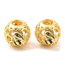 Real 18K Gold Plated Brass Enamel European Beads, Large Hole Beads, Lead Free & Cadmium Free, Rondelle with Bee, Real 18K Gold Plated, 10x14x11mm, Hole: 4.2mm