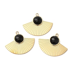 Black Agate Ion Plating(IP) 316 Stainless Steel Pendants, Natural Black Agate Fan Charms, Faceted, Real 24K Gold Plated, 19x24x4mm, Hole: 1.6mm