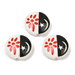 Black Printed Handmade Porcelain Beads, Flat Round with Moon & Sun, Black, 15x6mm, Hole: 2mm