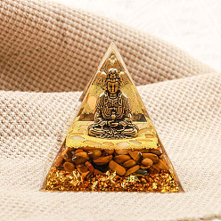 Tiger Eye Orgonite Pyramid Resin Energy Generators, Reiki Natural Tiger Eye Chips and Buddha Inside for Home Office Desk Decoration, 50x50x50mm