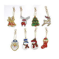 Mixed Color Christmas Tree Santa Claus Elk Christmas Bell Snowmen Christmas Socks DIY Diamond Painting Keychain Kits, Including Acrylic Boards, Keychain Clasps, Ball Chains, Resin Rhinestones, Diamond Sticky Pens, Tray Plates and Glue Clay, Mixed Color, Acrylic Boards: 60x80x3mm, 8pcs/set