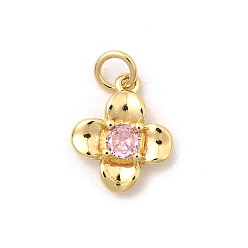 Pink Латунные микро проложить кубического циркония прелести, цветочный шарм, долговечный, без кадмия и без свинца, реальный 18 k позолоченный, с целью перехода в кольце, розовые, 14x11.5x3.5 мм, отверстие : 3 мм