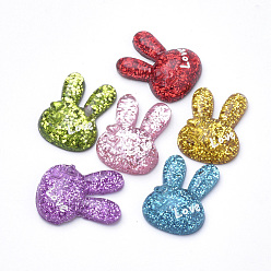 Mixed Color Bunny Resin Cabochons, with Glitter Powder, Rabbit Head with Heart & Word Love, Mixed Color, 21.5x16.5x6mm