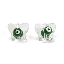 Vert Perles de verre émaillées transparentes, papillon avec le mauvais œil, verte, 8x10x6.5~7mm, Trou: 1mm