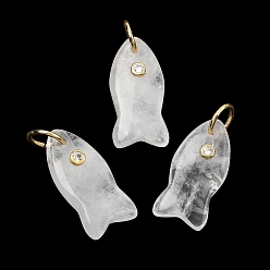 Quartz Crystal Natural Quartz Crystal Pendants, Rock Crystal Fish Charms with Brass Micro Pave Cubic Zirconia Findings, Golden, 24x12x5mm, Jump Ring: 8x1mm, Inner Diameter: 6mm