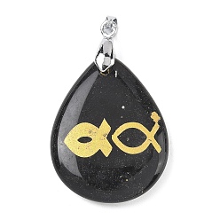 Обсидиан Природные подвески обсидиана, с реечной обшивкой латунными выводами, без кадмия и без свинца, подвеска в виде слезинки с рыбкой, 31x25x5~7 мм, отверстие : 4.5x4 мм