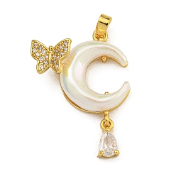 Белый Стойка металлическая латунная микропрофилированная кубическая циркония подвески, cmолой, долговечный, реальный 18 k позолоченный, луна и бабочка, белые, 33x20x7.5 мм, отверстие : 2.5x3.5 мм