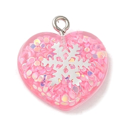Pink Acrylic Pendant, with Iron Findings, Glitter, Valentine Heart with Snowflake, Pink, 20.5x20x6.5mm, Hole: 2mm