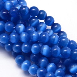 Blue Cat Eye Beads Strands, Round, Blue, 10mm, Hole: 1.5mm, about 40pcs/strand, 15.5 inch