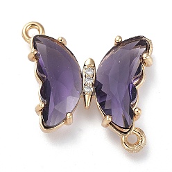 Lilac Glass Links Connectors, with Brass Micro Pave Cubic Zirconia, Faceted, Butterfly, Light Gold, Lilac, 20x20x4mm, Hole: 1.5mm