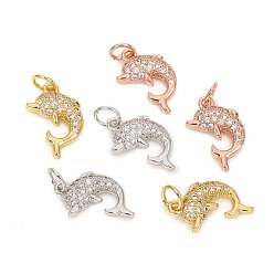 Mixed Color Brass Micro Pave Cubic Zirconia Charms, with Jump Rings, Dolphin, Clear, Mixed Color, 14x9x2.5mm, Jump Rings: 4.8x0.8mm, 3.2mm Inner Diameter