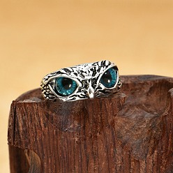 Dark Turquoise Resin Owl Adjustable Ring, Antique Silver Alloy Ring, Dark Turquoise, US Size 8(18.1mm)
