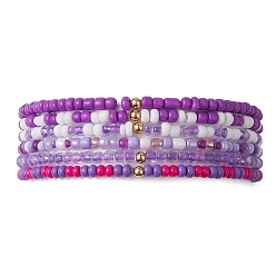 Medium Purple 6Pcs Glass Seed & Brass Beaded Stretch Bracelets Set, Stackable Bracelets, Medium Purple, Inner Diameter: 2-1/4 inch(5.7cm), 6pcs/set
