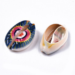 Синий Набивные бусины из натуральных ракушек каури, нет отверстий / незавершенного, с рисунком сглаза, синие, 18~22x13~14x6~8 мм