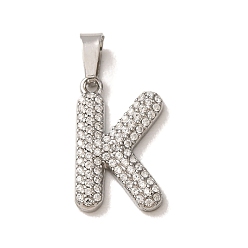 Letter K 304 Stainless Steel Micro Pave Clear Cubic Zirconia Pendants, Letter Charms, Stainless Steel Color, Letter K, 18x11x2.5mm, Hole: 6x2.5mm