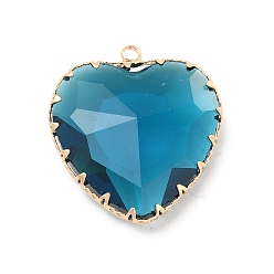 Blue Zircon K9 Glass Pendants, Heart Charms, with Light Gold Tone Brass Findings, Faceted, Blue Zircon, 31x28x9mm, Hole: 2mm