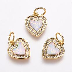 Golden Brass Micro Pave Cubic Zirconia Charms, with Synthetic Opal, Heart, Golden, 12x10x2mm, Hole: 4mm