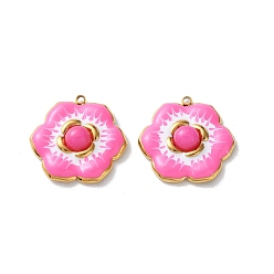 Ярко-Розовый Крашеные натуральный белый нефрит подвески, 304 подвески-цветы из нержавеющей стали с эмалью, реальный 18 k позолоченный, вакуумное покрытие pvd, ярко-розовый, 22x22.5x5 мм, отверстие : 1.4 мм