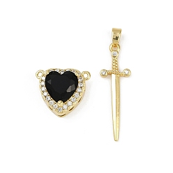 Черный Комплекты подвесок из латунного микропаве из кубического циркония, подвески меч и сердце, со стеклом, долговечный, без кадмия и без свинца, стойки покрытие, реальный 18 k позолоченный, чёрные, Сердце: 14.5x17x9 mm, отверстие : 1.2 мм