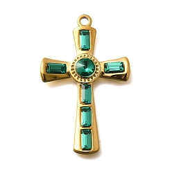 Изумруд 304 подвески из нержавеющей стали, со стразами, реальный 18 k позолоченный, ионное покрытие (ip), крестик, изумруд, 37.5x23.5x4.5 мм, отверстие : 2 мм