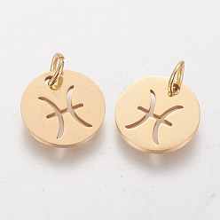 Pisces 304 Stainless Steel Charms, Flat Round with Constellation/Zodiac Sign, Golden, Pisces, 12x1mm, Hole: 3mm