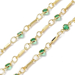 Green Cubic Zirconia Flat Round Link Chains, with Real 18K Gold Plated Brass Findings, Soldered, with Spool, Green, 4x8x1.5mm