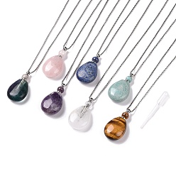 Mixed Stone Natural Mixed Stone Perfume Bottle Pendant Necklaces, with Brass Findings and Plastic Dropper, Drop, 27.9~28.7 inch(71~73cm), Bottle Capacity: 0.15~0.3ml(0.005~0.01 fl. oz)