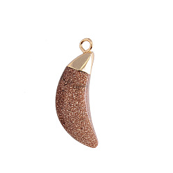 Goldstone Synthetic Goldstone Pendants, Faceted Moon Charms, with Golden Plated Brass Findings, 25x10mm