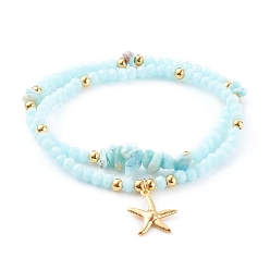 Light Cyan Stretch Bracelets Sets, with Glass Beads, Natural Larimar Chip Beads and 304 Stainless Steel Pendants, Starfish, Golden, Light Cyan, Inner Diameter: 2-1/8 inch(5.5cm), 2pcs/set