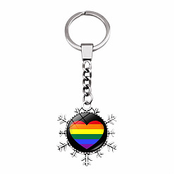 Heart Pride Flag/Rainbow Flag Heart Pattern Glass Cabochons Keychain, Alloy Snowflake Pendant Keychain, Heart Pattern, Cabochons: 2.5cm