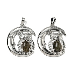 Лабрадорита Природные подвески лабрадорита, Подвески в виде совы со стойкой, латунь, луна, платина, без кадмия и без свинца, 38.5x31.5x8 мм, отверстие : 8x5 мм