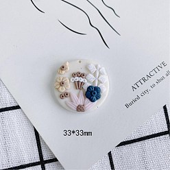 White Handmsde Polymer Clay Pendants, Flat Round with Flower, White, 33mm