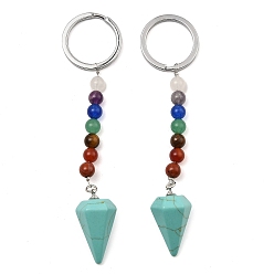 Synthetic Turquoise Dyed Synthetic Turquoise Cone Pendant Keychain, with 7 Chakra Gemstone Beads and Platinum Tone Brass Findings, 108mm