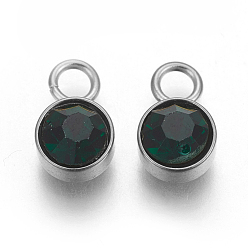 Emerald Glass Rhinestone Charms, Birthstone Charms, with Stainless Steel Color Tone 201 Stainless Steel Findings, Flat Round, Emerald, 10x6x5mm, Hole: 2mm