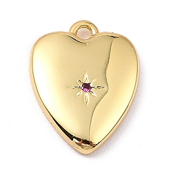 Fuchsia Brass Micro Pave Cubic Zirconia Charms, Long-Lasting Plated, Real 18K Gold Plated, Heart with Star, Fuchsia, 13x10x2mm, Hole: 1mm