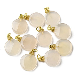 Matte Gold Color Natural White Agate Pendants, Flat Round Charms with Brass Jump Rings, Matte Gold Color, 21~22x15x5mm, Hole: 3mm
